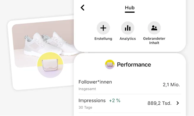 Schnappschuss des mobilen Creator Hub von Pinterest mit den Optionen Erstellung, Analytics und Markeninhalte. Ein Performance-Bereich zeigt Metriken zu Follower*innen und Impressions. Dahinter liegt ein stilisiertes Händlerprofil mit zwei weißen Sneakern.