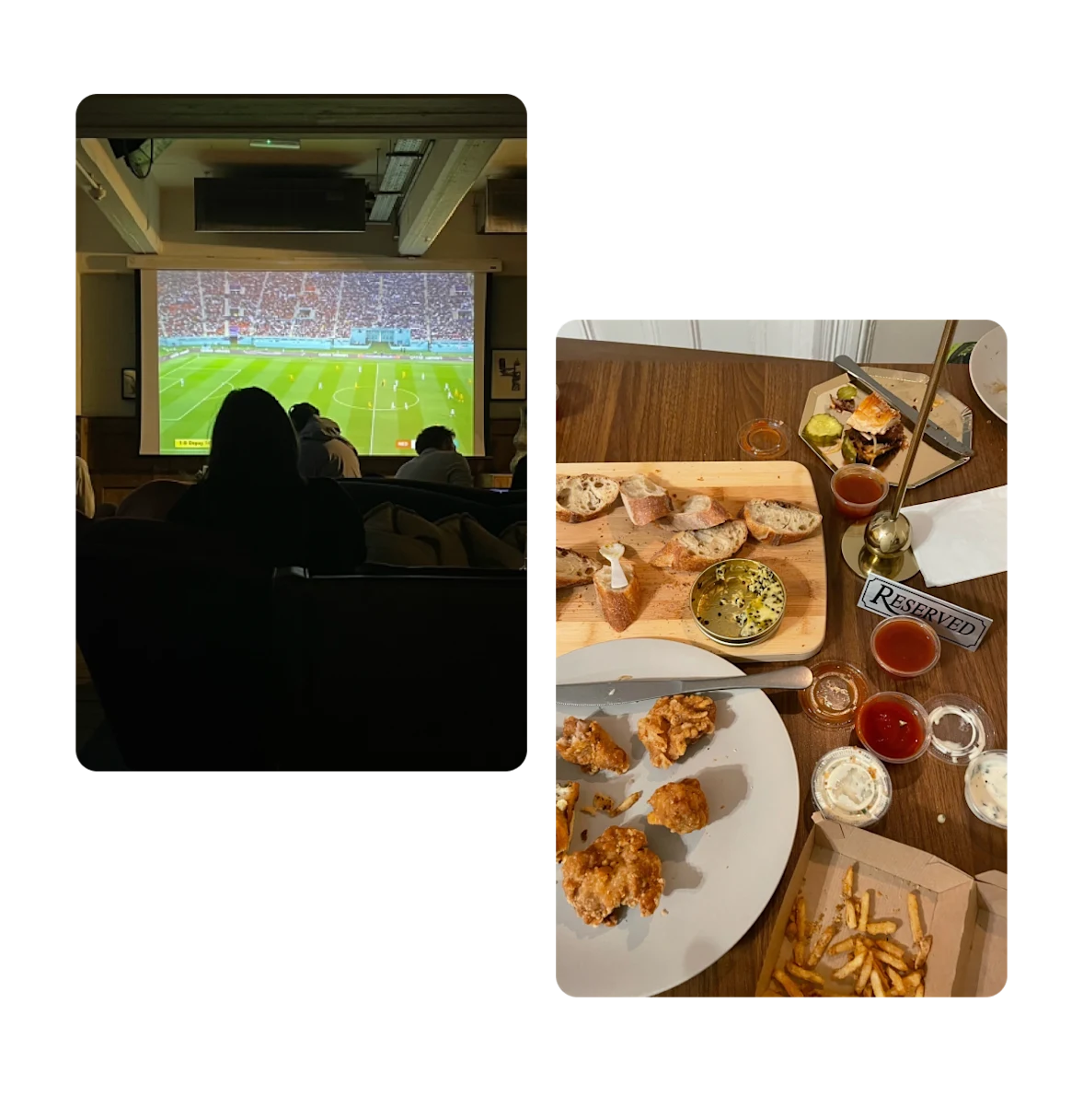 Two pins, watching sports game on big screen, spread of junk food