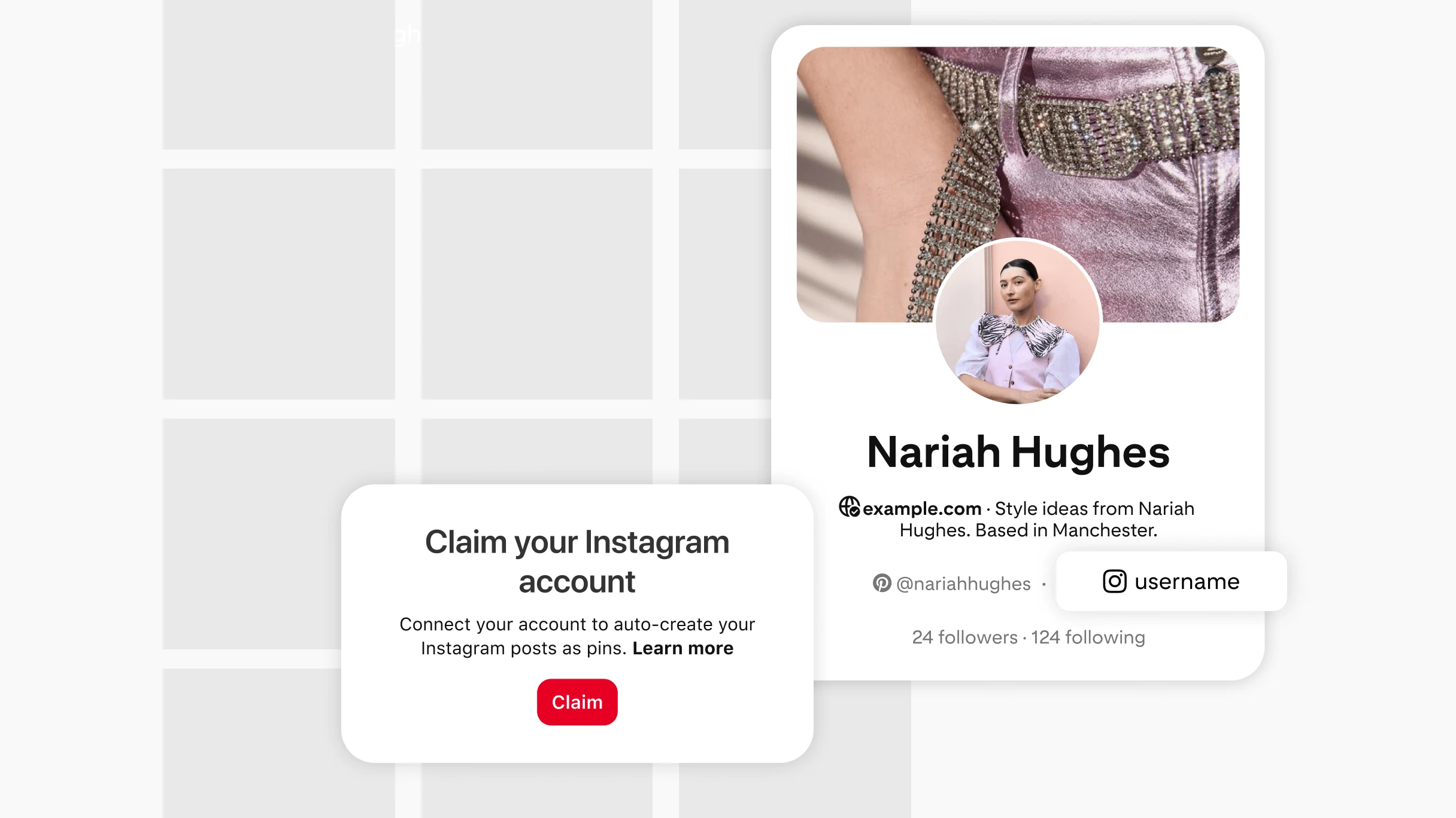 Pinterest profile page showing a claimed Instagram account