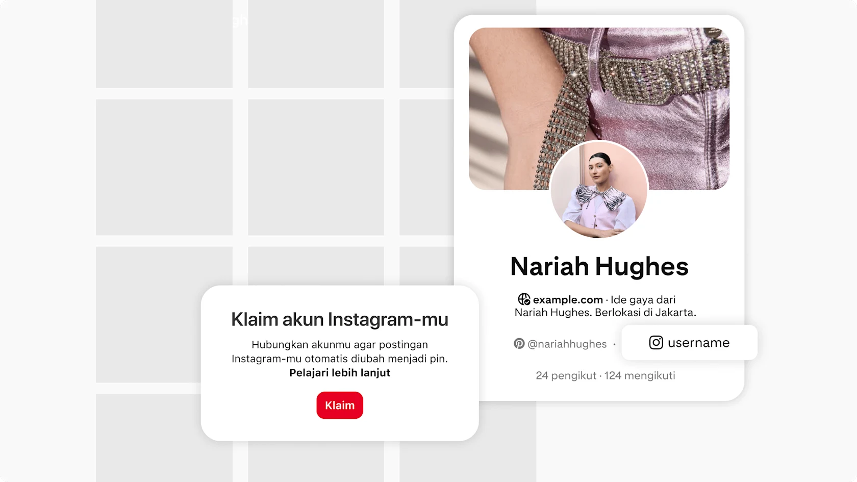 Halaman profil Pinterest menampilkan akun Instagram yang diklaim