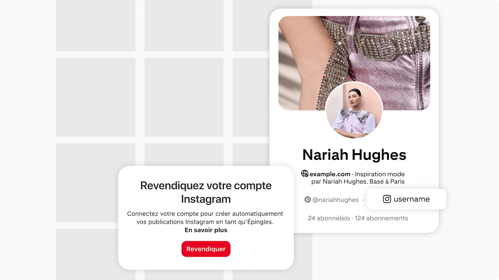 Une page de profil Pinterest indiquant un compte Instagram associé
