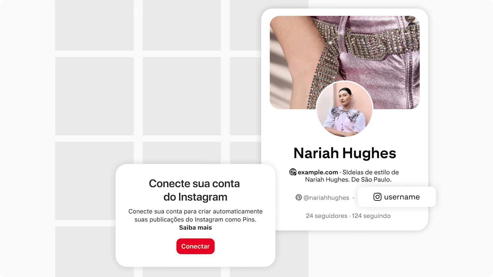 Página de perfil do Pinterest mostrando a conta conectada do Instagram