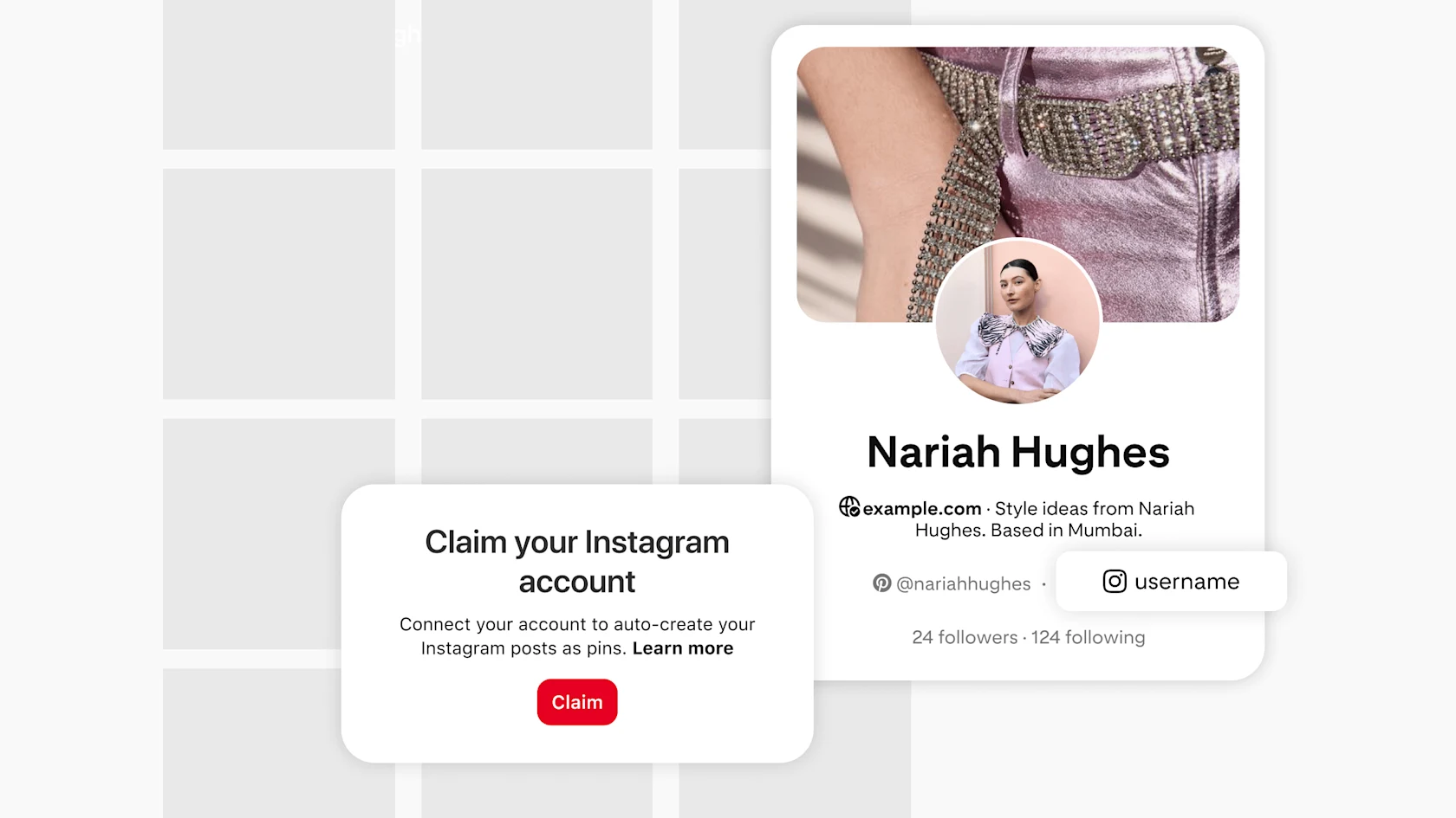 Pinterest profile page showing a claimed Instagram account