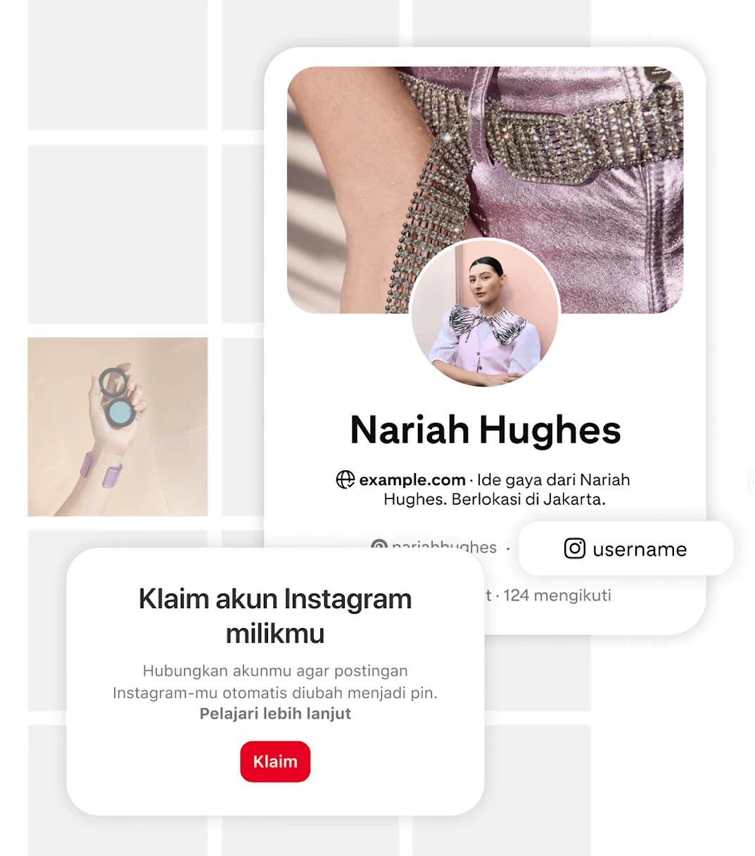 Grafis yang meminta pengguna untuk "Klaim akun Instagram-mu." Ada tombol merah berlabel "Klaim" dan teks tentang menghubungkan akun. Di sebelah kanan, kartu profil Pinterest untuk Nariah Hughes menampilkan foto dan akun media sosialnya.