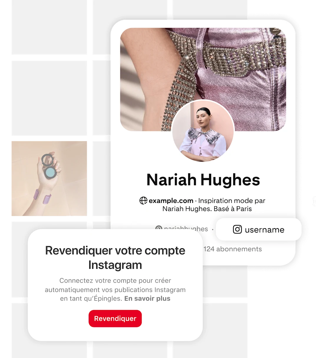 Image disant aux utilisateurs : « Revendiquez votre compte Instagram ». Comprend un bouton rouge intitulé « Revendiquer » et un texte sur la fonctionnalité. À droite, une carte de profil Pinterest de Nariah Hughes avec sa photo et ses pseudonymes.
