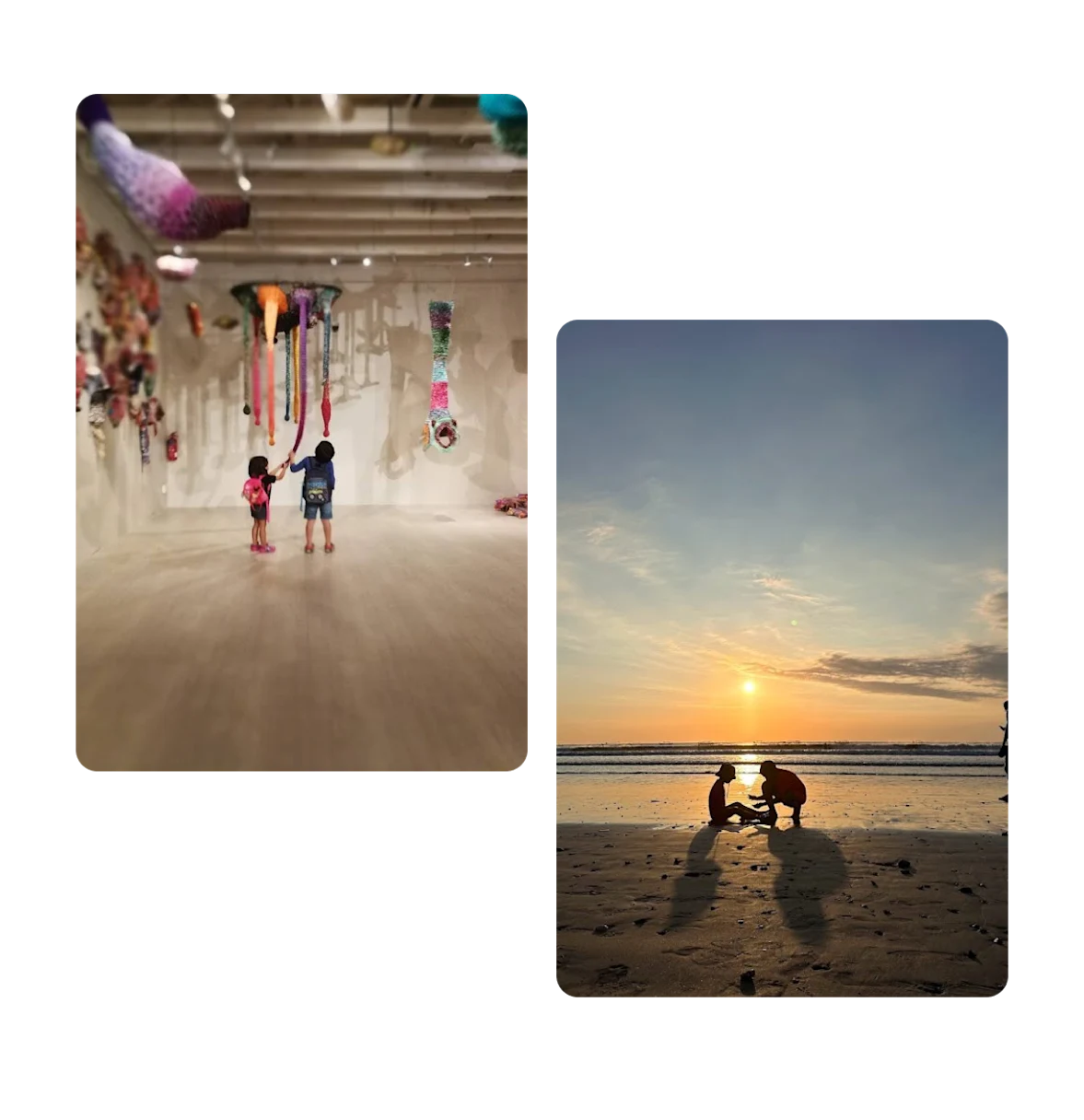 Two pins, children enjoying fun museum exhibit, two people at beach at sunset