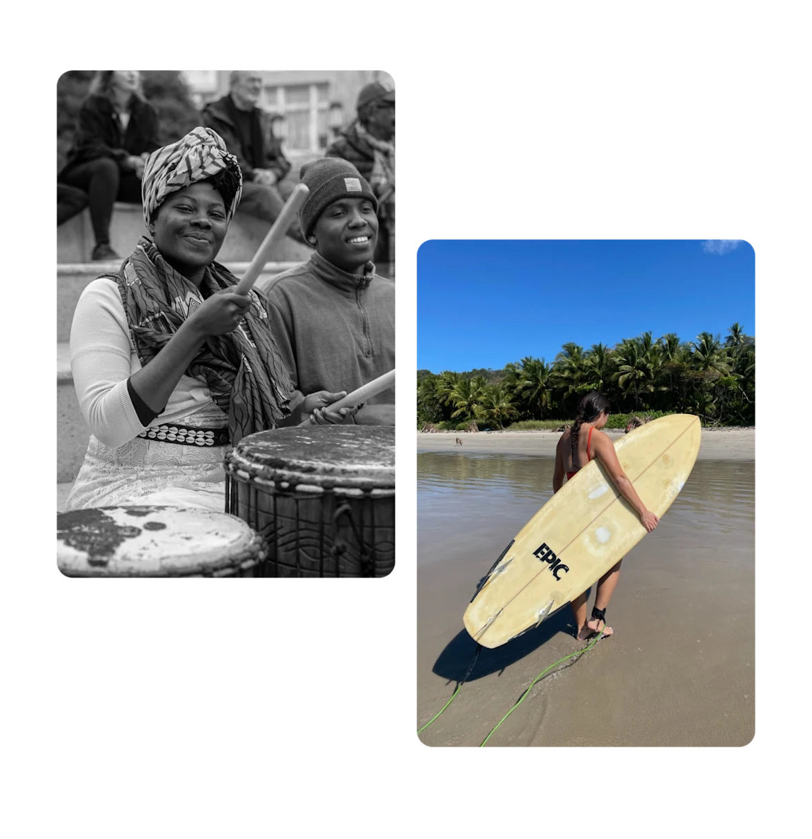 Two pins, black woman playing drums, woman carrying surf board