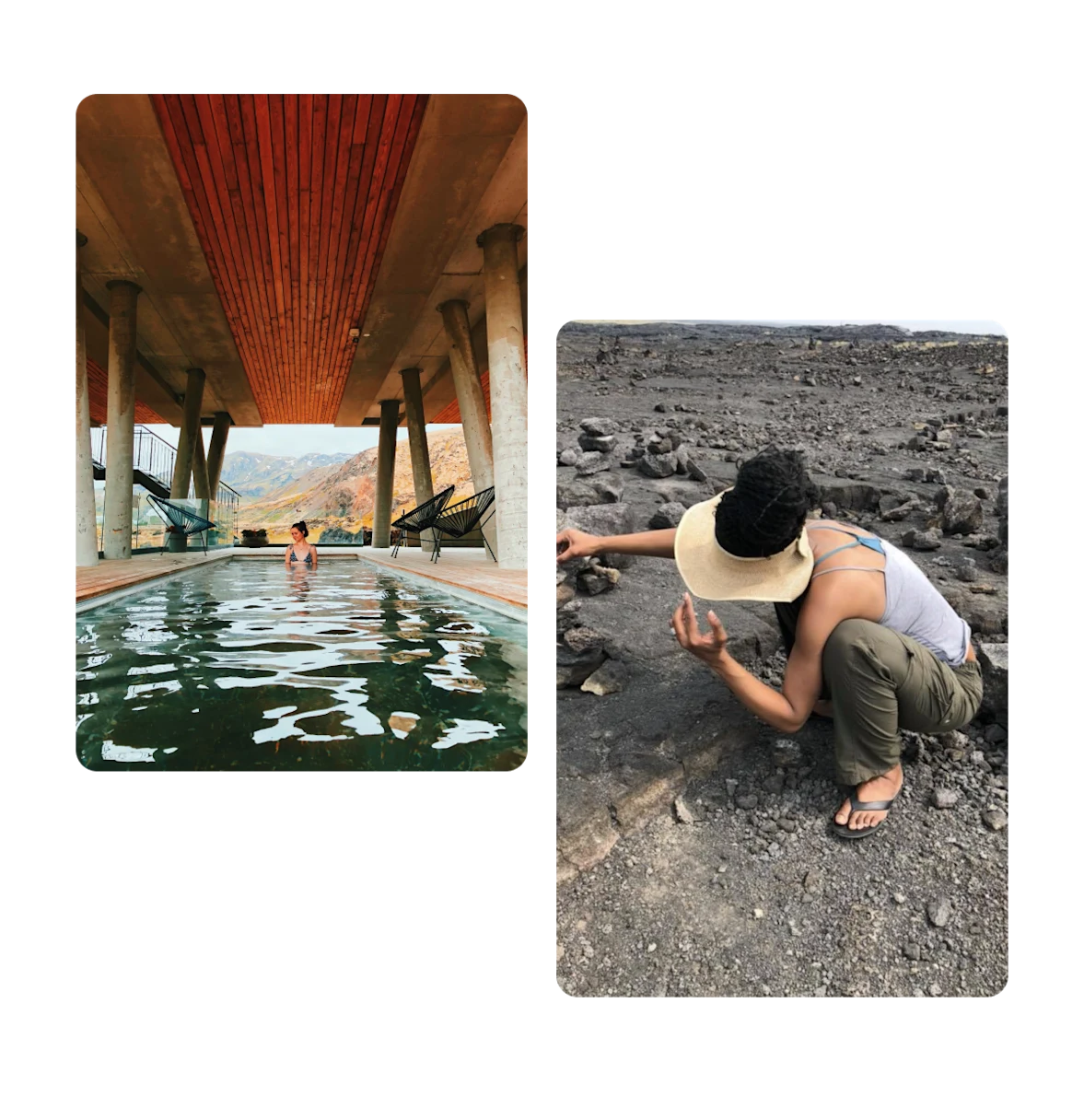 Two pins, woman in pool spa, woman kneeling down on beach