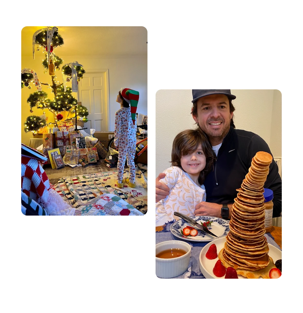 Two pins, christmas decorations at home, leaning tower of pancakes