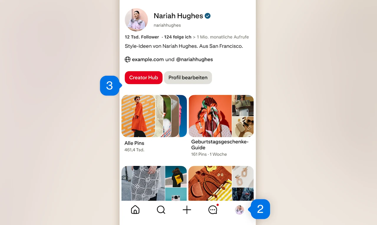 Eine mobile Pinterest-Profilvorschau mit Pinnwänden der Creatorin Nariah Hughes mit dem Profilsymbol unten rechts mit der Beschriftung „2“, dem Creator Hub-Button oben links und der Beschriftung „3“ im oberen linken Drittel.