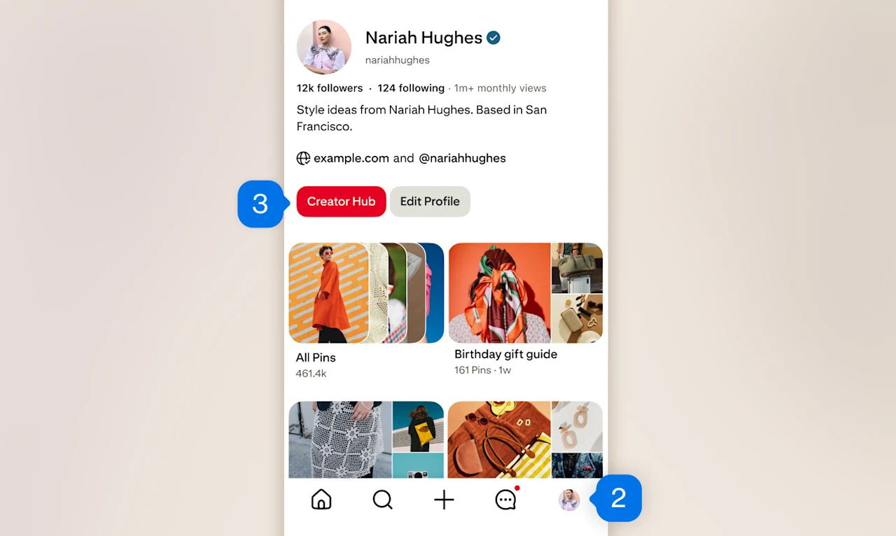 A Pinterest mobile profile preview showing boards for the creator Nariah Hughes with the profile icon on the bottom right labeled "2" and the Creator Hub button on the top left third labeled "3."