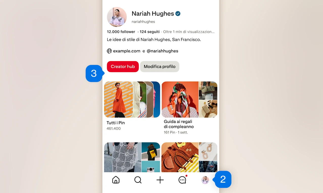 Un'anteprima del profilo Pinterest su dispositivo mobile che mostra le bacheche della creator Nariah Hughes con l'icona del profilo in basso a destra con l'etichetta "2" e il pulsante del Creator hub in alto a sinistra con l'etichetta "3".
