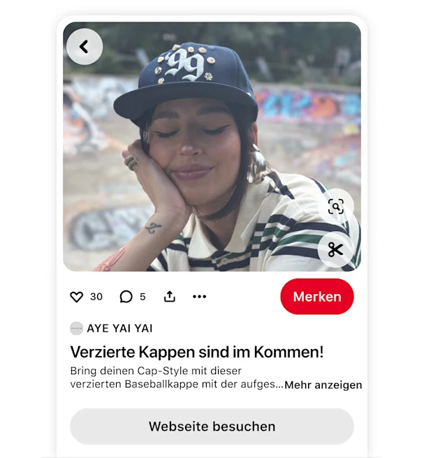 Pinterest-Pin der Marke AYE YAI YAI mit einer verzierten Baseballkappe und einem Webseiten-Link.