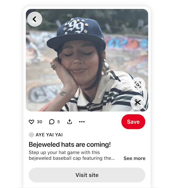 Pinterest Pin by brand AYE YAI YAI showing a bejeweled baseball cap with a website link .