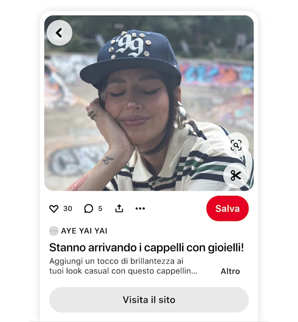 Pin di Pinterest del brand AYE YAI YAI che mostra un cappellino da baseball con gioielli e un link a un sito web.