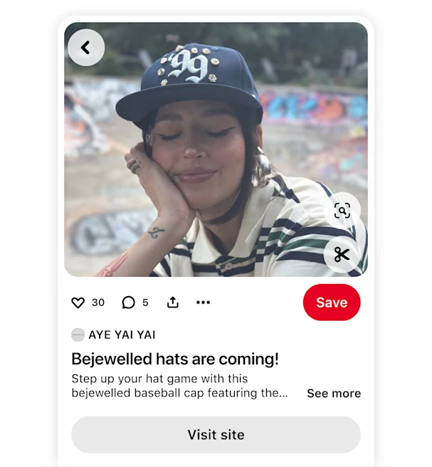 Pinterest Pin by the AYE YAI YAI brand showing a bejewelled baseball cap with a website link.