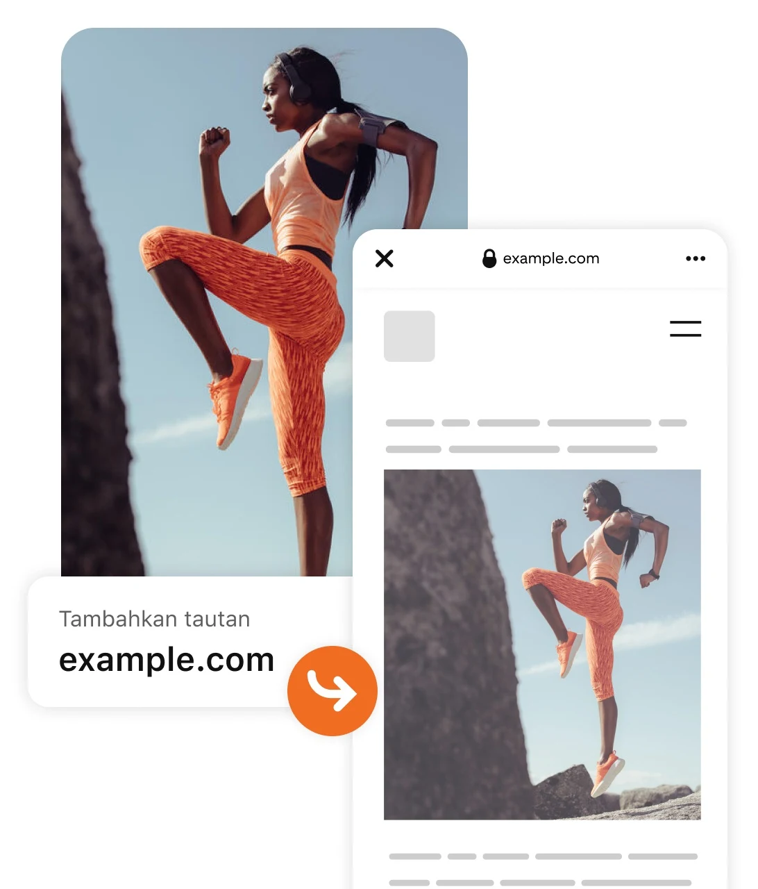Pin of woman working out in orange athletic clothing with a example.com link leading to a stylized version of the website for the of the outfit.