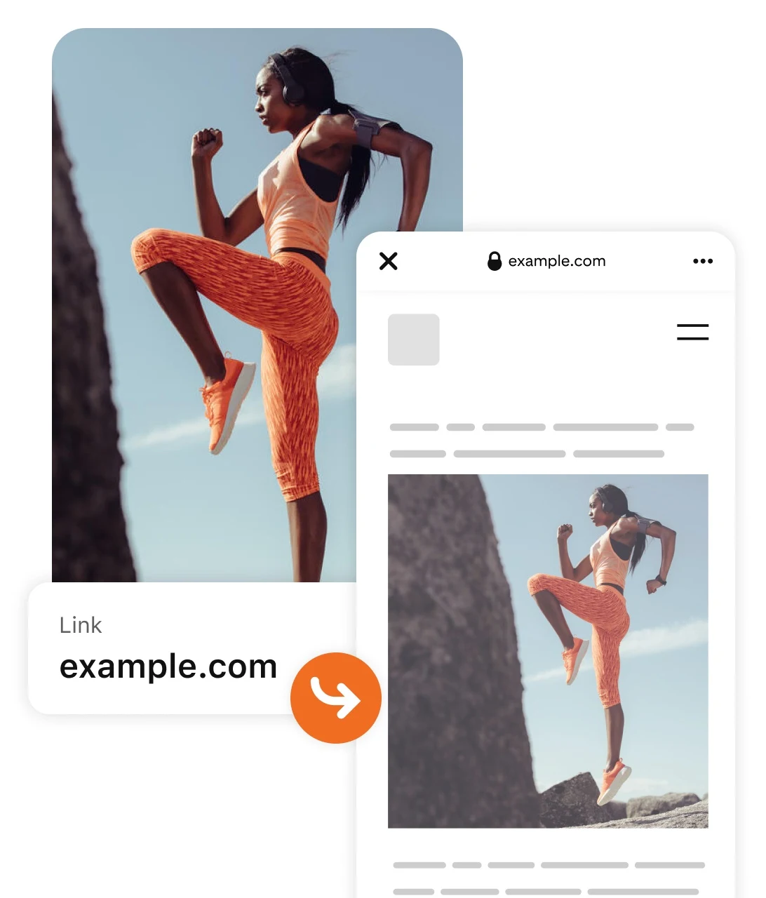 Pin of woman working out in orange athletic clothing with a example.com link leading to a stylized version of the website for the of the outfit.