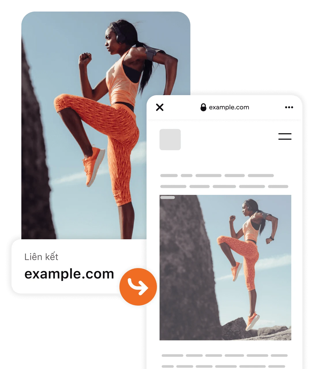 Ghim hiển thị người phụ nữ mặc đồ thể thao màu cam đang tập luyện, kèm liên kết example.com dẫn đến phiên bản cách điệu của trang web giới thiệu bộ đồ đó.