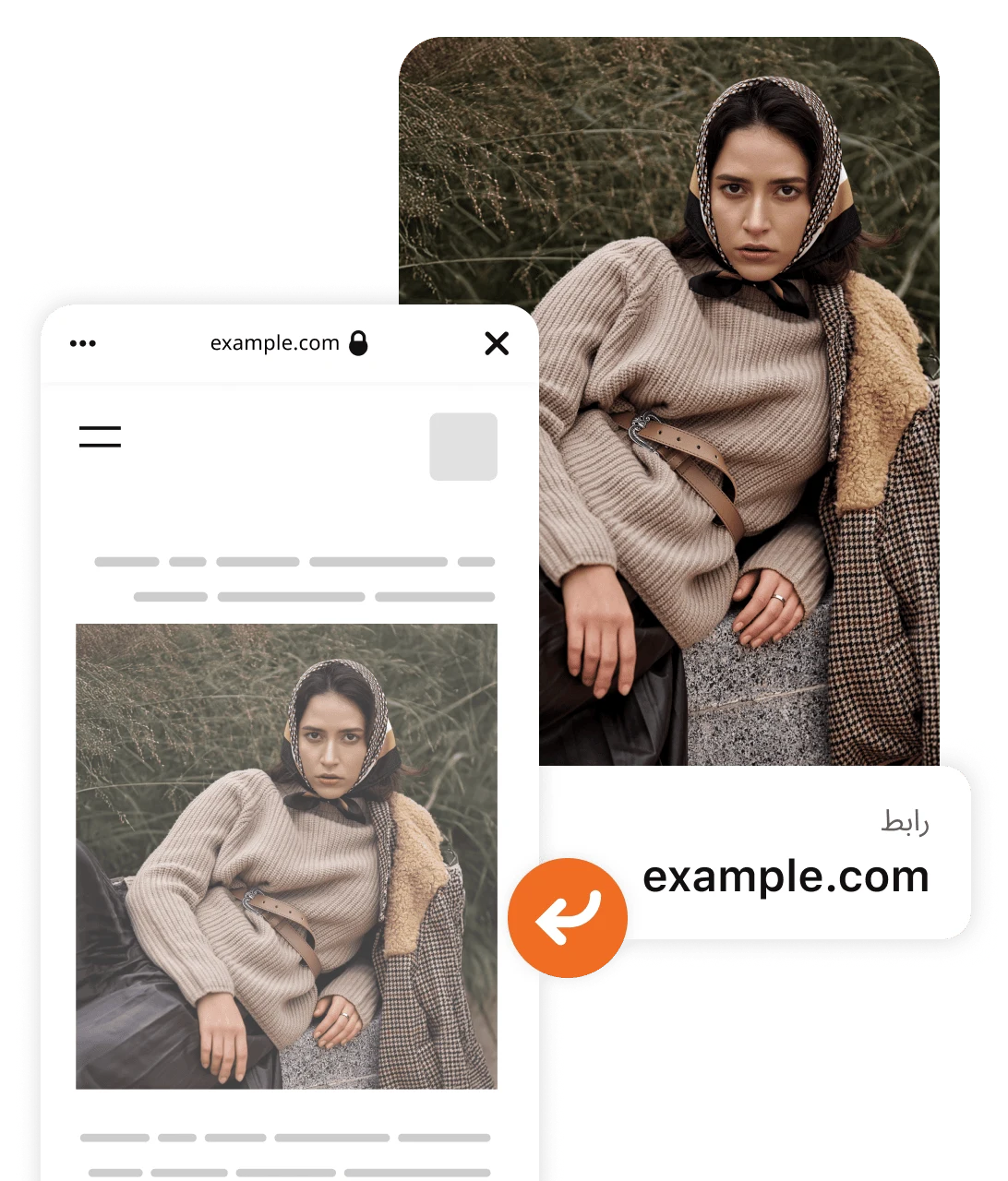 منشور لامرأة تمارس الرياضة مرتدية ملابس رياضية برتقالية اللون مع رابط example.com يؤدي إلى نسخة مصممة من الموقع الإلكتروني لبيع تلك الملابس.