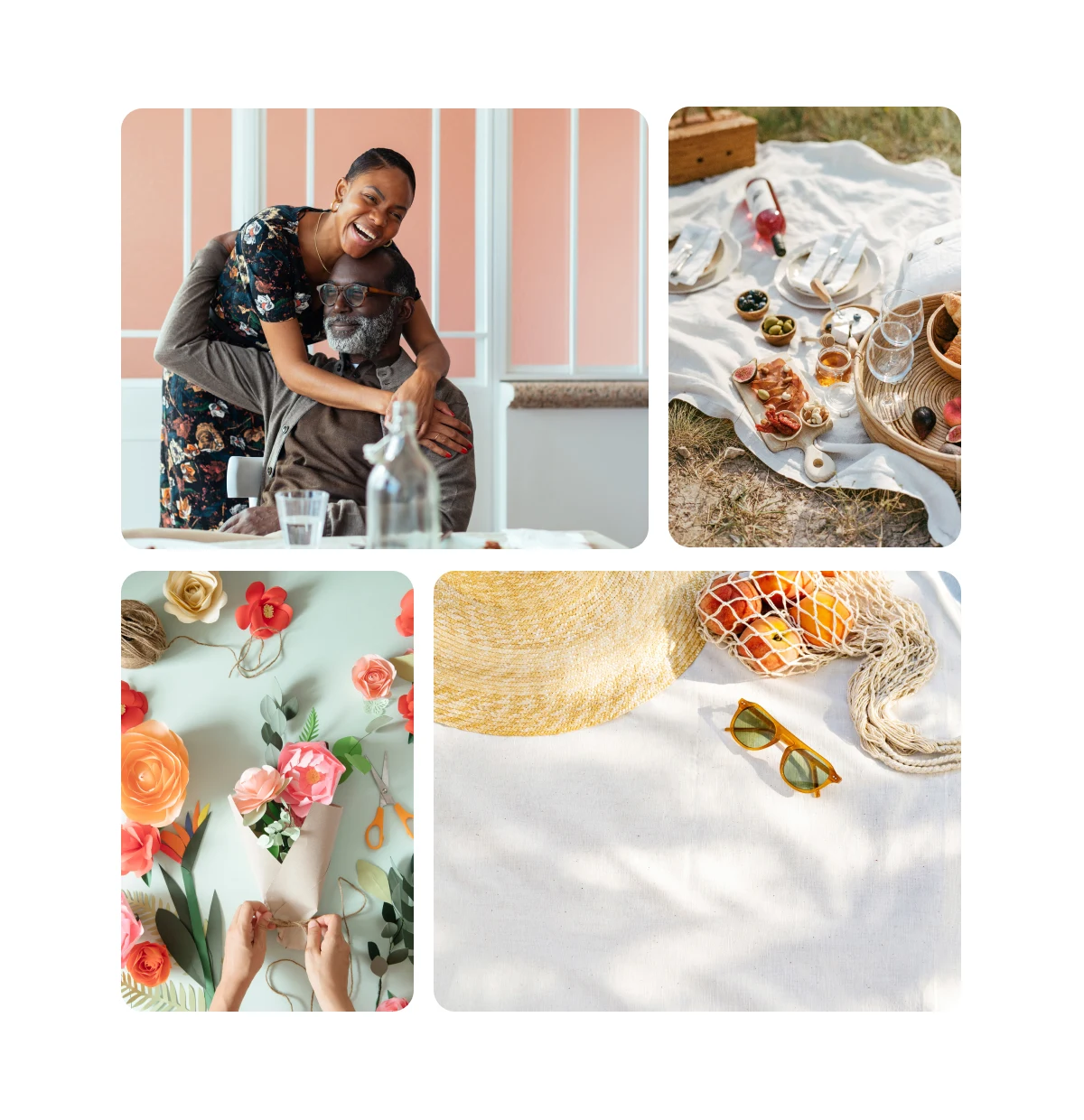  Pin grid featuring granddaughter embracing her grandfather, picnic setup, bouquet of paper flowers, blanket with sunglasses, hat, and oranges.