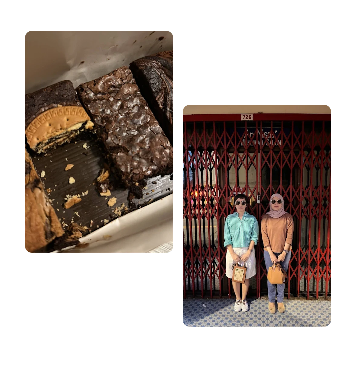 Two pins, traditional sweets, women wearing vintage outfits