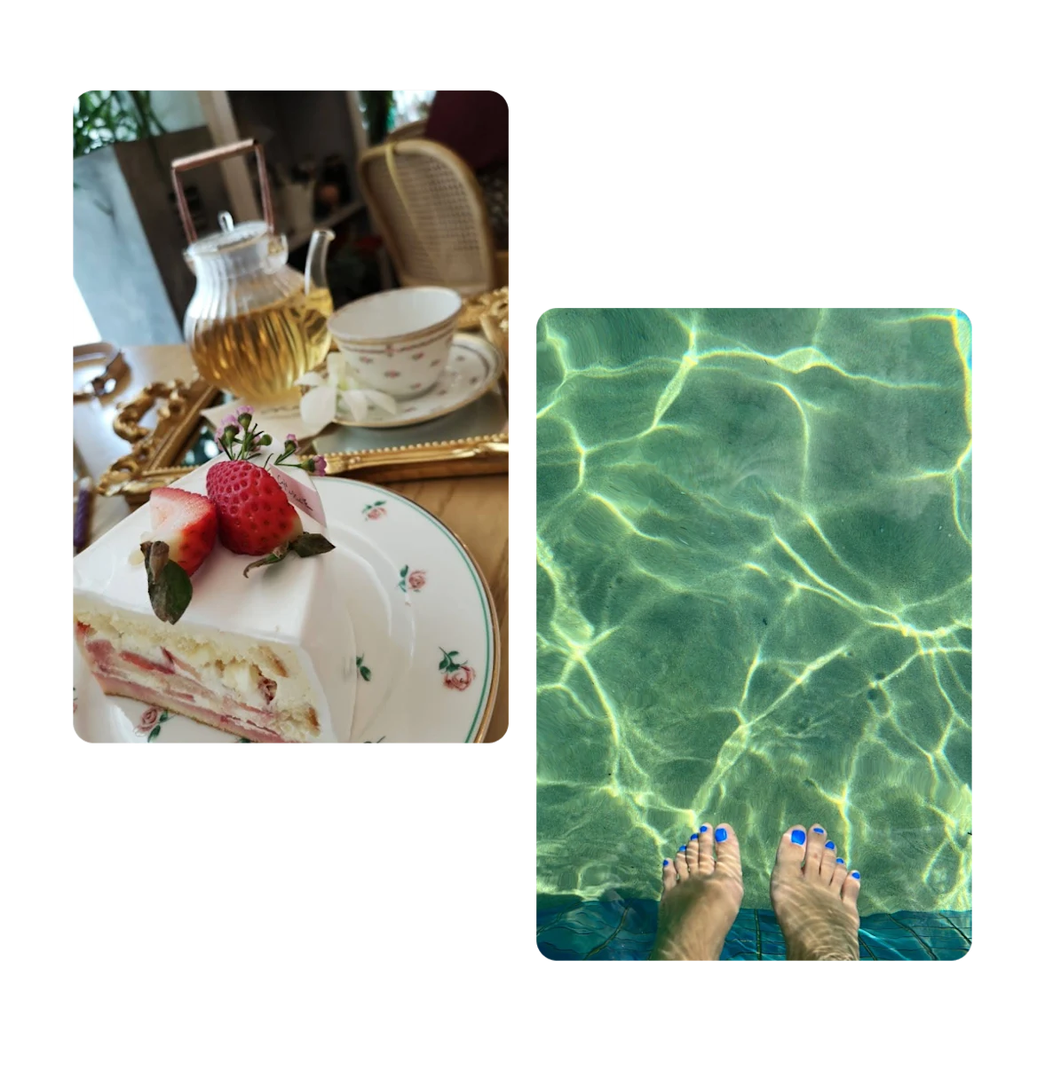 Two pins, slice of cake and tea, feet dipped in water