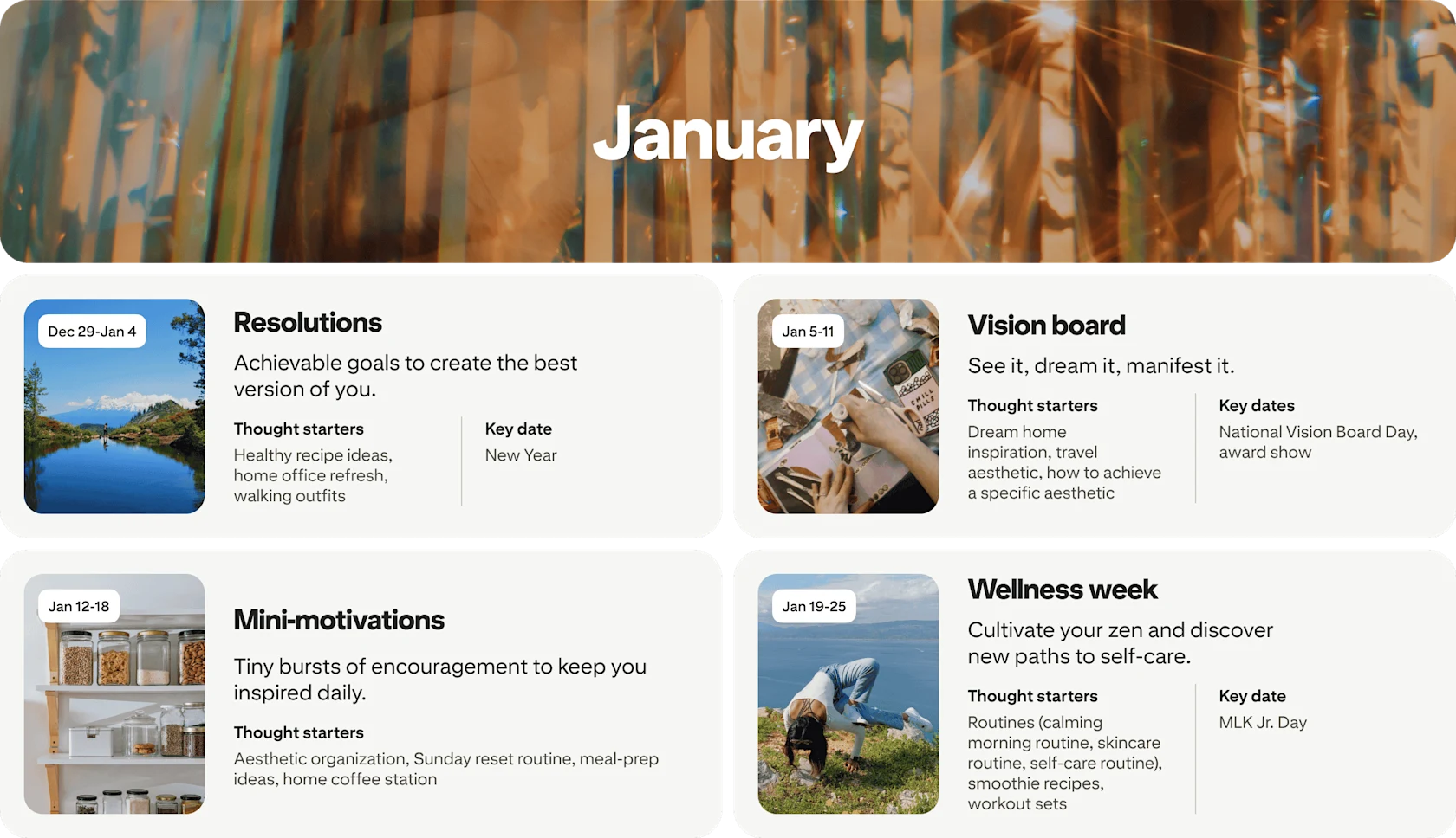 January planner view with four cards: Resolutions, Vision board, Mini-motivations and Wellness week, each dated and paired with photos.