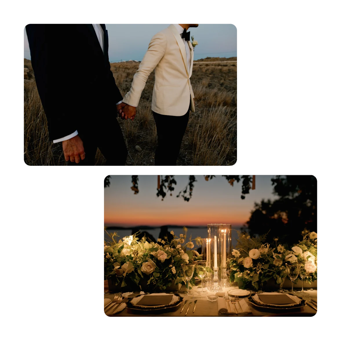 Two pins, male grooms holding hands, wedding tablescape