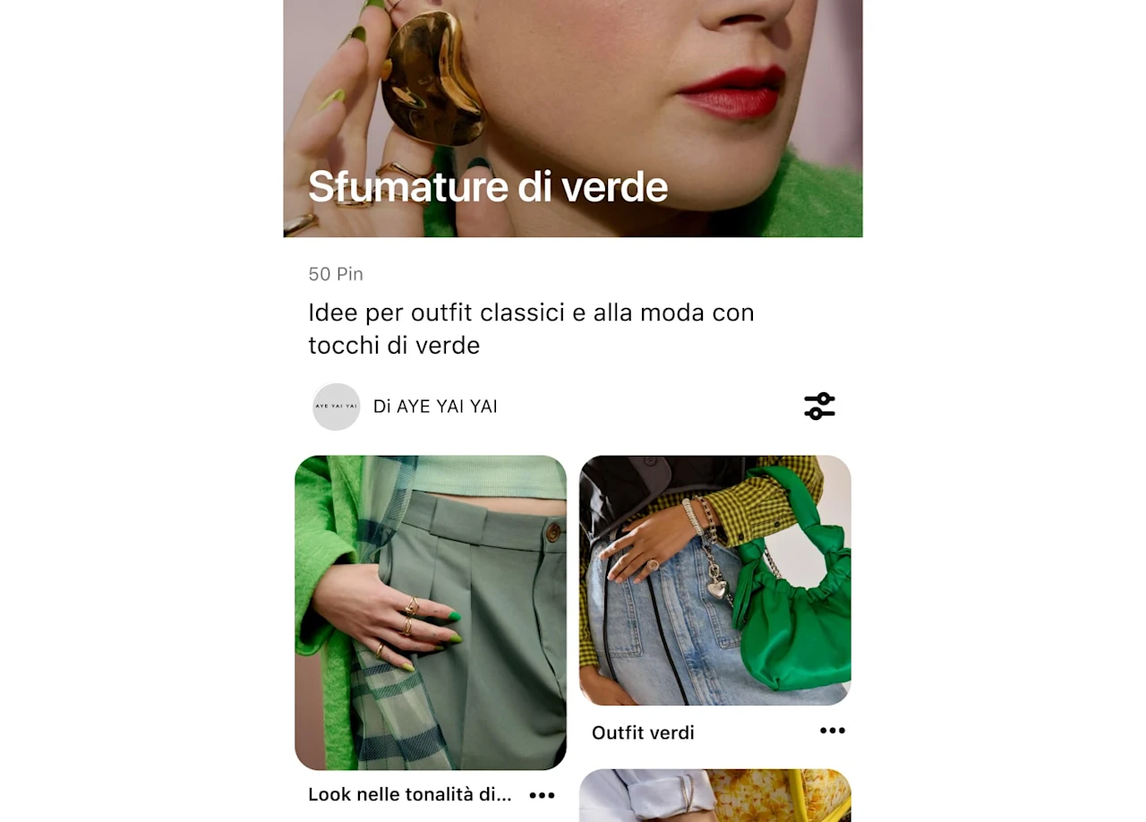 Screenshot di dispositivo mobile con una bacheca di Pinterest a tema sfumature di verde