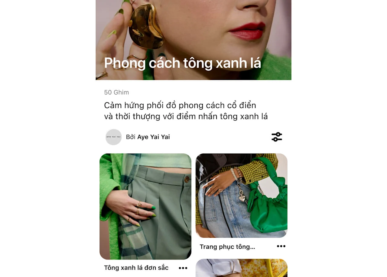 Ảnh chụp màn hình bảng trên Pinterest trên thiết bị di động về Phong cách tông xanh lá