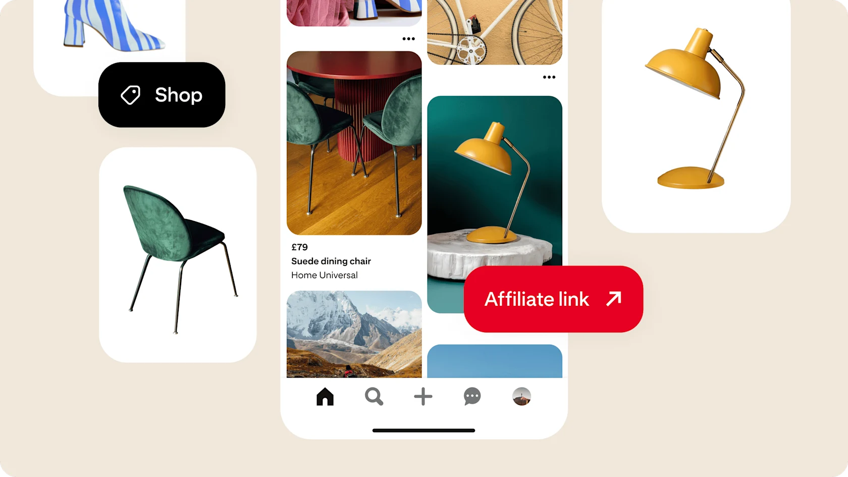 Pinterest home feed featuring affiliate links and product tags.