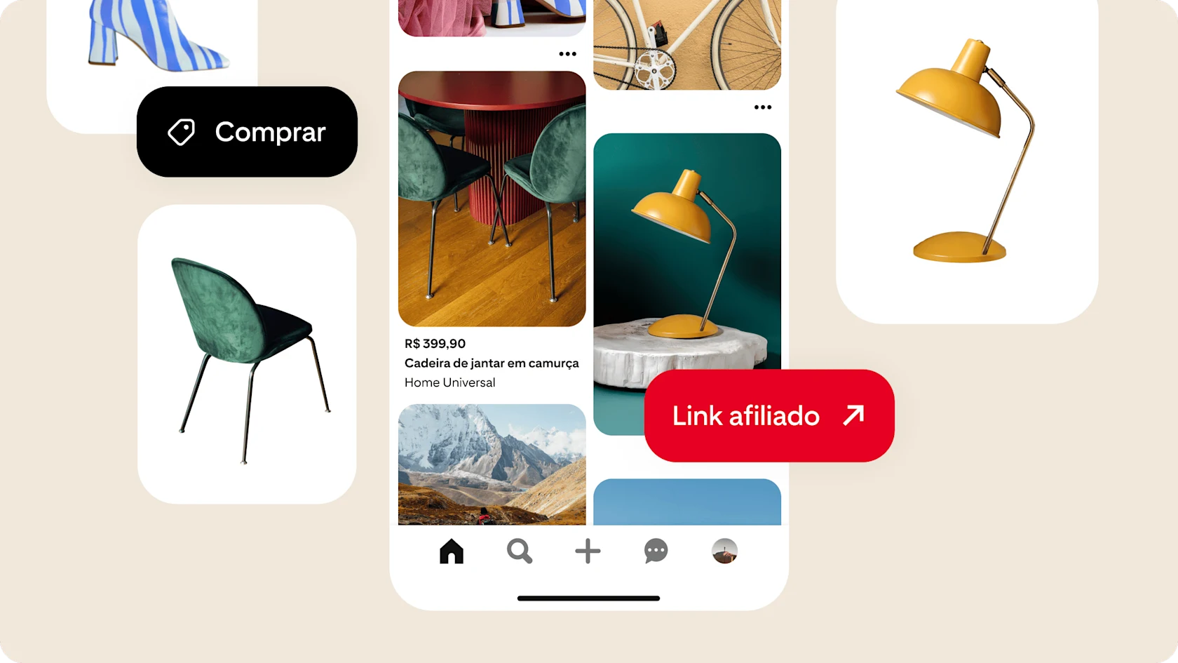 Feed inicial do Pinterest com links afiliados e tags de produtos.