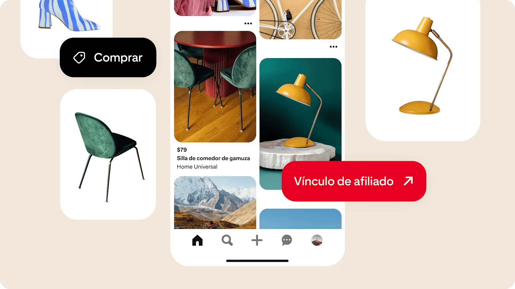 Feed de inicio de Pinterest con vínculos de afiliados y etiquetas de productos.
