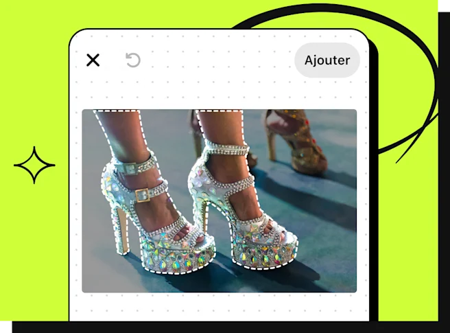 Image Épingle affichant un gros plan sur des talons hauts, argentés, à lanières et ornés de strass, portés par une personne avec des lignes de découpe pointillées autour.