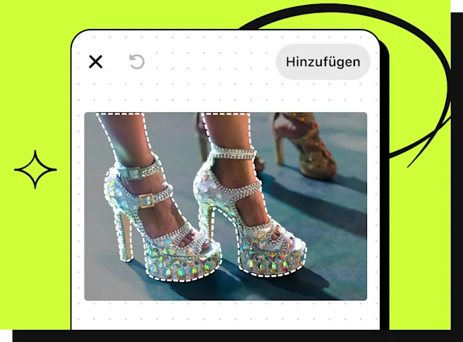 Eine Nahaufnahme eines Pin-Bildes einer Person, die silberne, mit Strasssteinen besetzte, Riemchen-High-Heels trägt mit gestrichelten Cutout-Linien um die Schuhe.