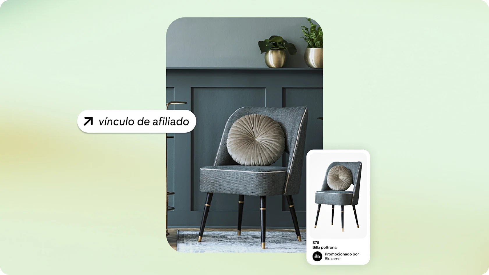 Imagen de silla gris con cojín circular frente a pared gris oscuro con dos plantas en macetas doradas. “Vínculo de afiliado” en burbuja de texto, en el centro a la izquierda. En la parte inferior derecha, la imagen de la página del producto de la silla.