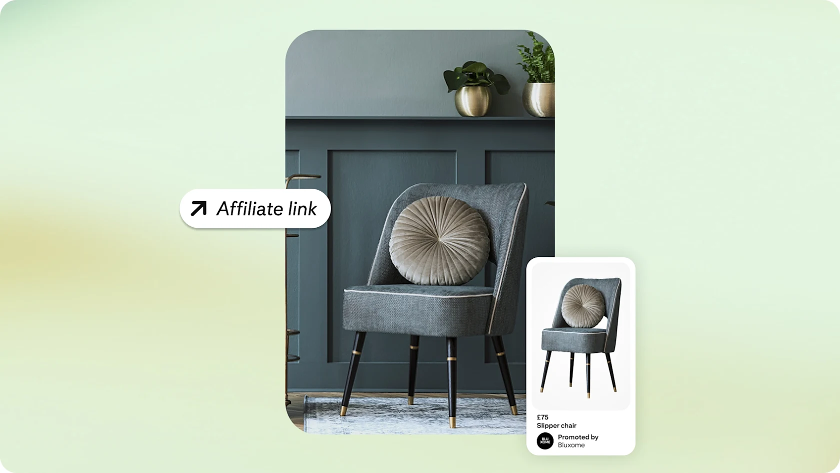 An image of a grey chair with a large circular pillow in front of a dark grey dado rail holding two plants in gold pots. ‘Affiliate link’ is overlaid in a text bubble on the middle left. The product page image of the chair is on the bottom right.
