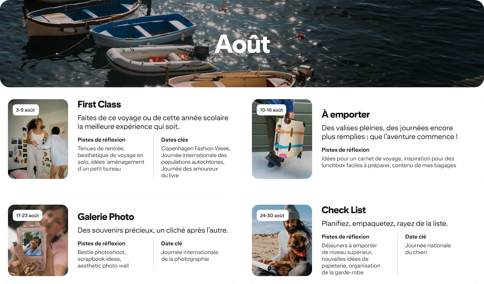 August planner view with four cards: First class, Packed, Camera roll and Check list, each dated and paired with photos.
