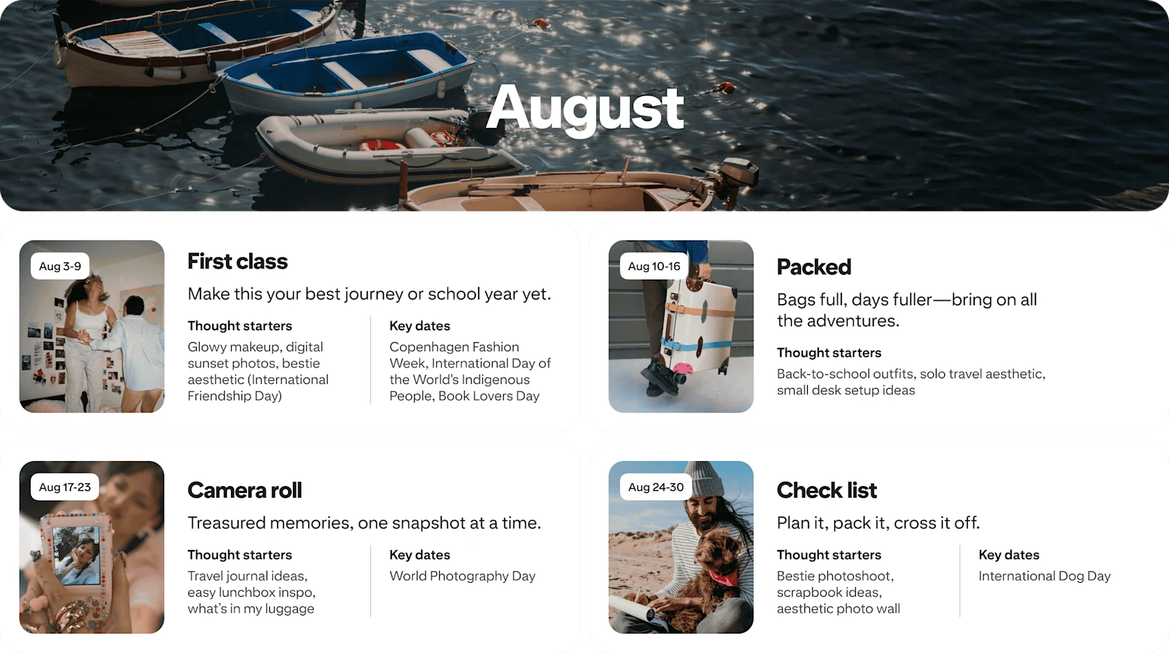August planner view with four cards: First class, Packed, Camera roll and Check list, each dated and paired with photos.