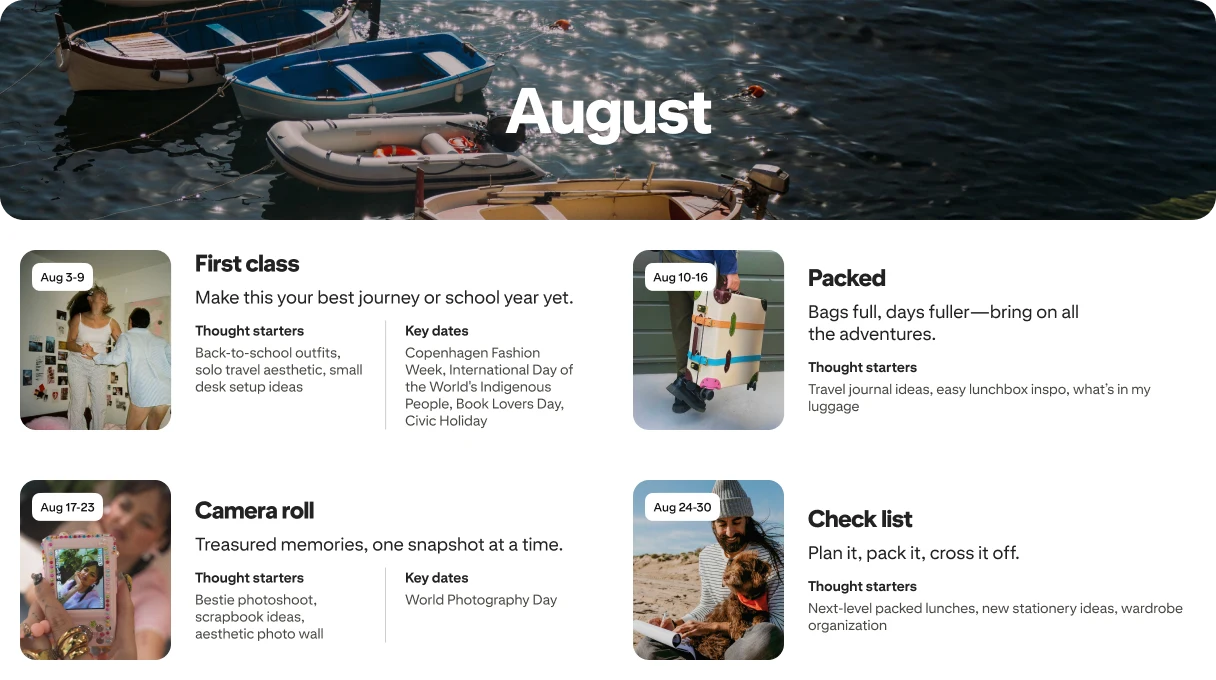 August planner view with four cards: First class, Packed, Camera roll and Check list, each dated and paired with photos.
