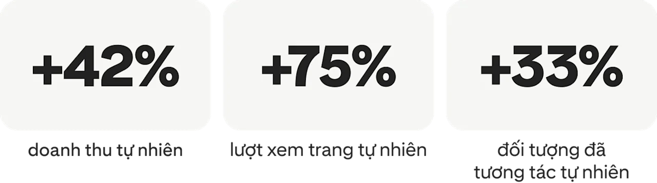 Doanh thu tự nhiên tăng 42%; lượt xem trang tự nhiên tăng 75%; đối tượng đã tương tác tự nhiên tăng 33%