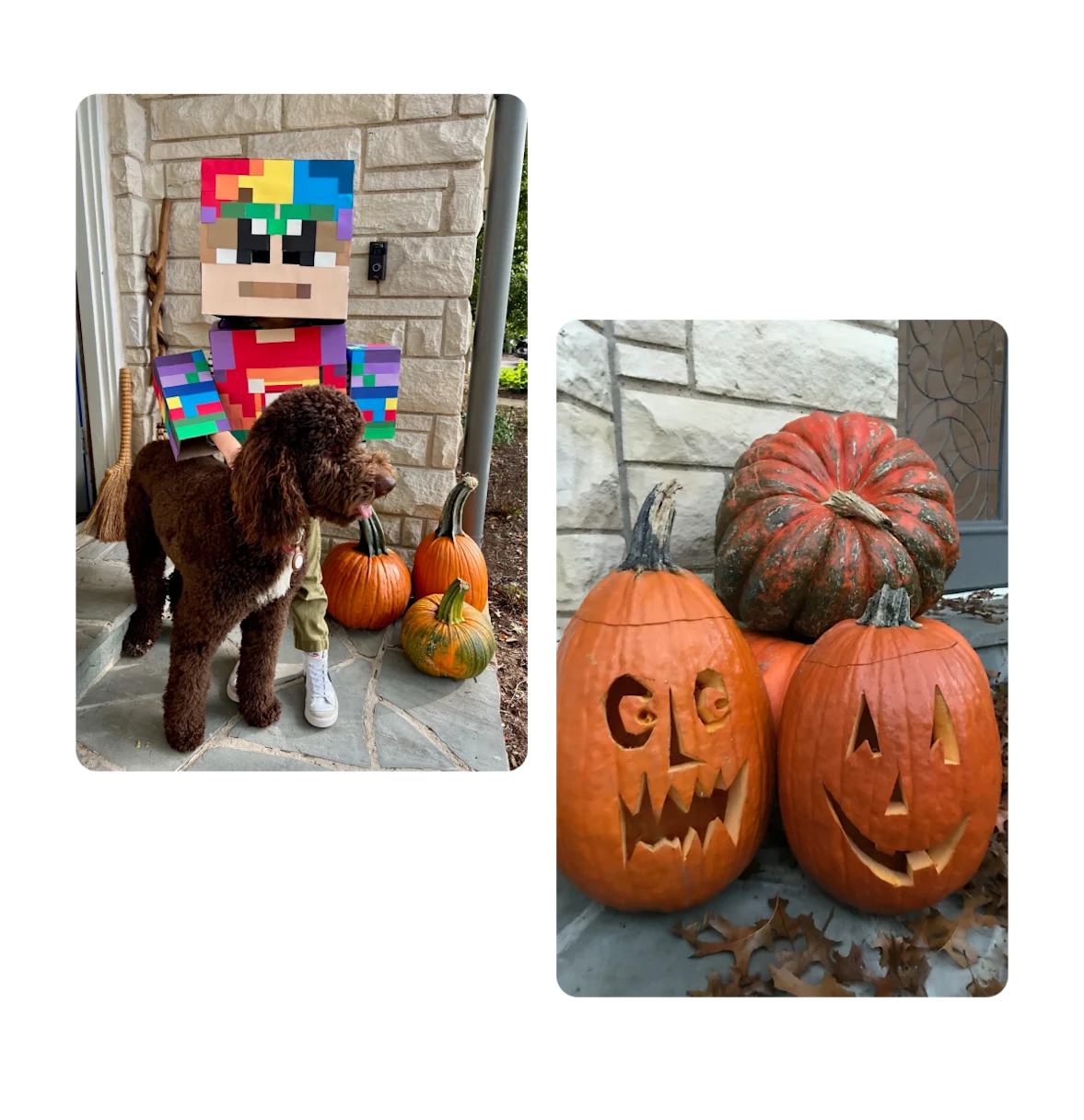 Two pins, homemade kids halloween costume, carved pumpkins