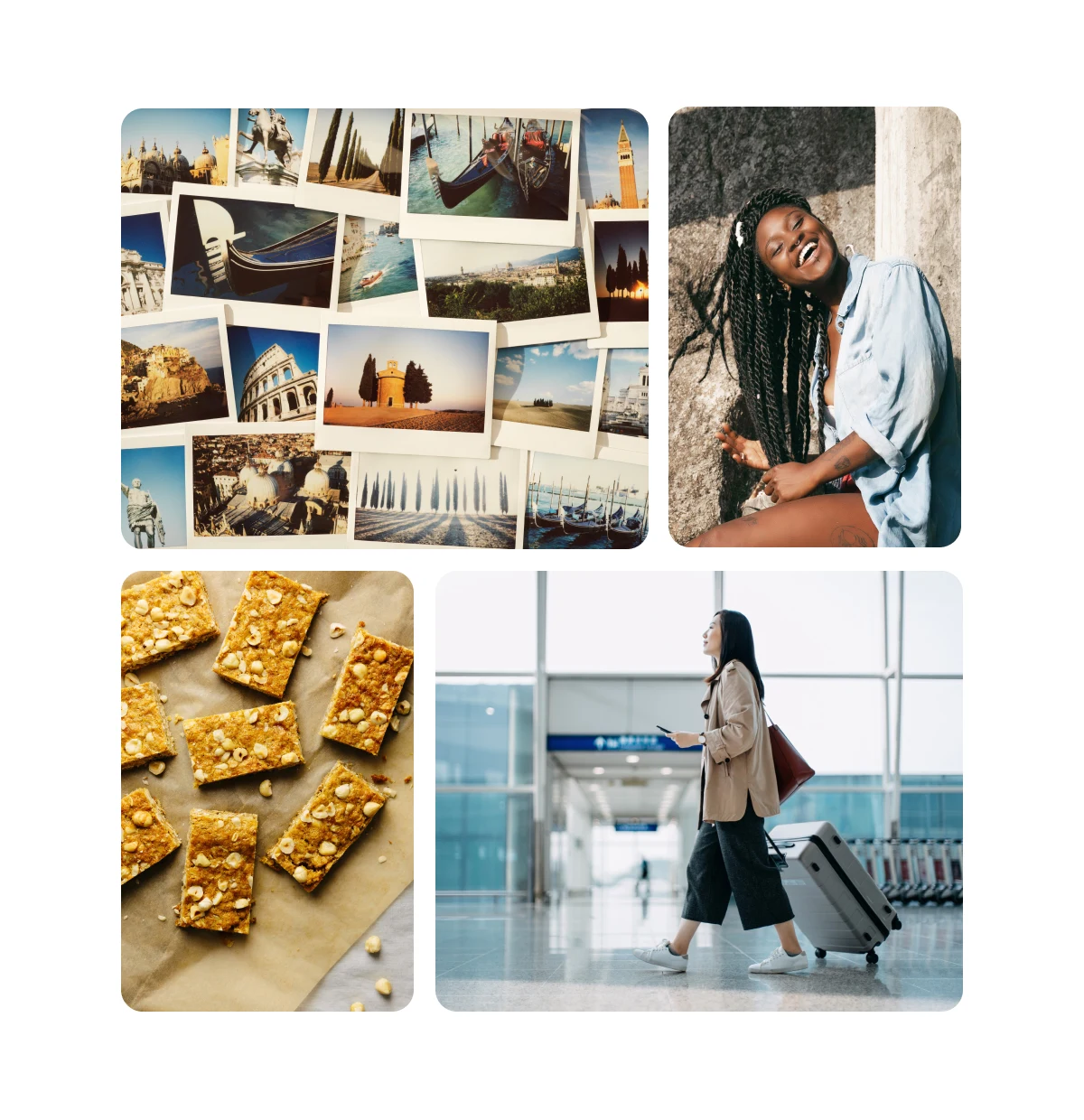  Pin grid featuring stack of travel Polaroids, woman smiling in the sun, homemade granola bars, woman walking through airport.