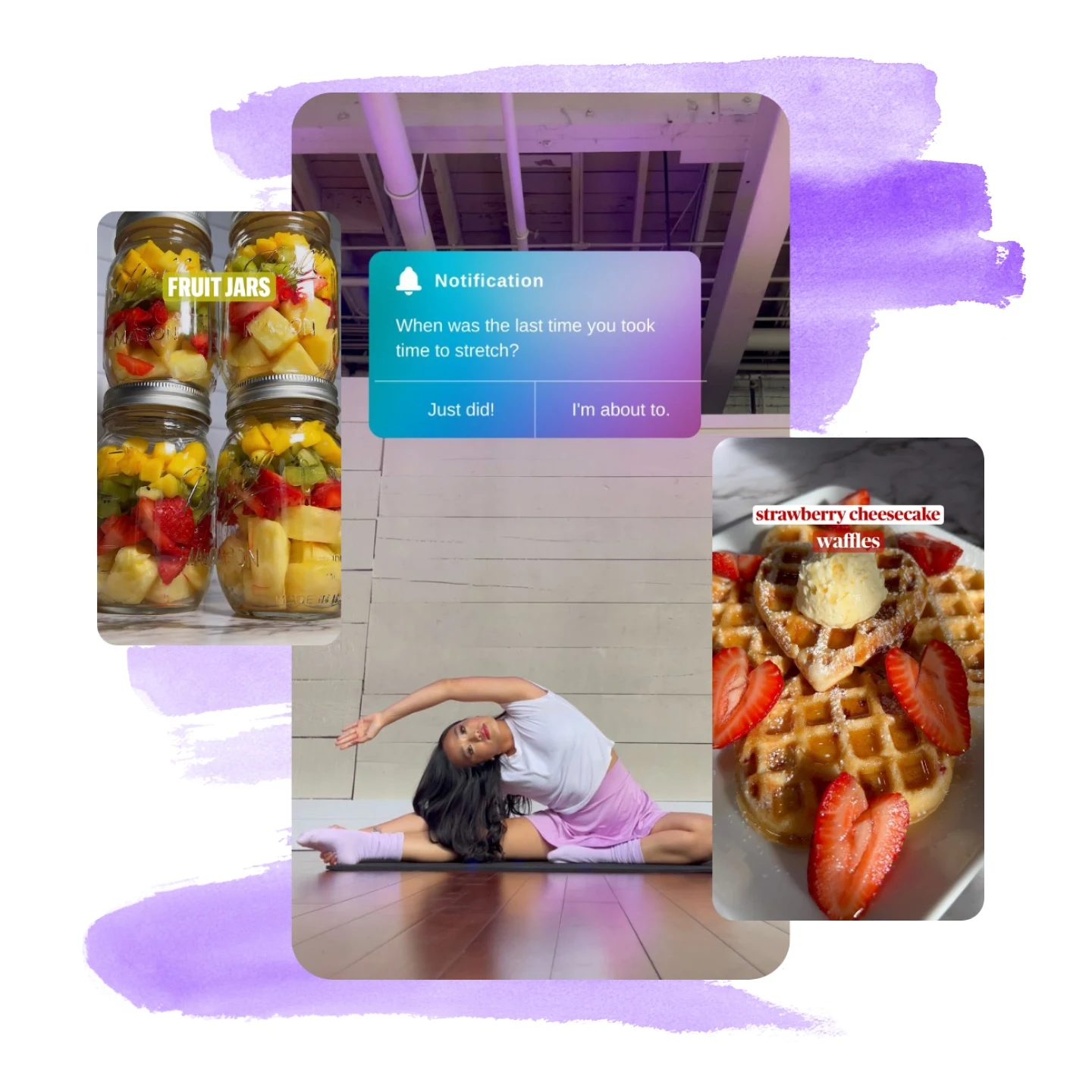 Pin collage of creator doing ballet pose, jars of fruit and waffles
