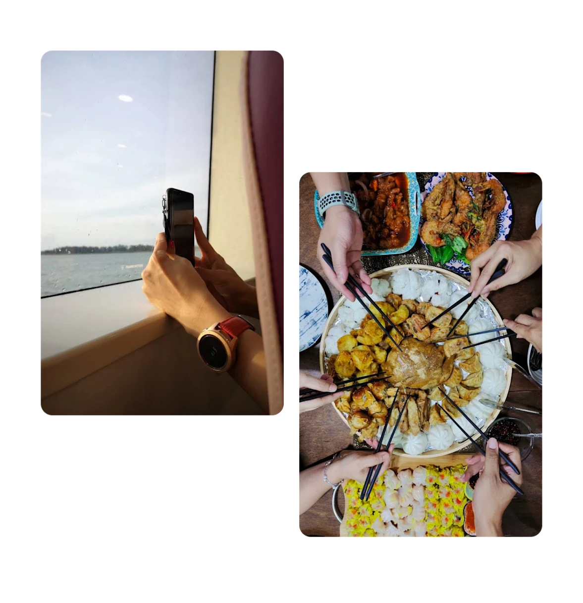 Two pins, cell phone taking photo of water out of window, dish being shared