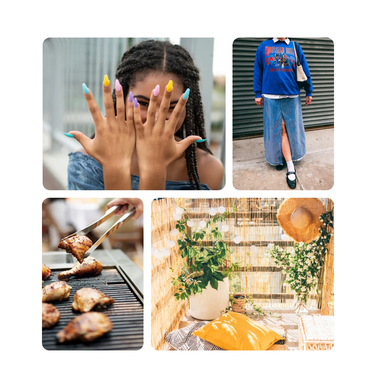 Pin grid featuring colorful pastel nails, dad style fashion, chicken on grill, patio decor.