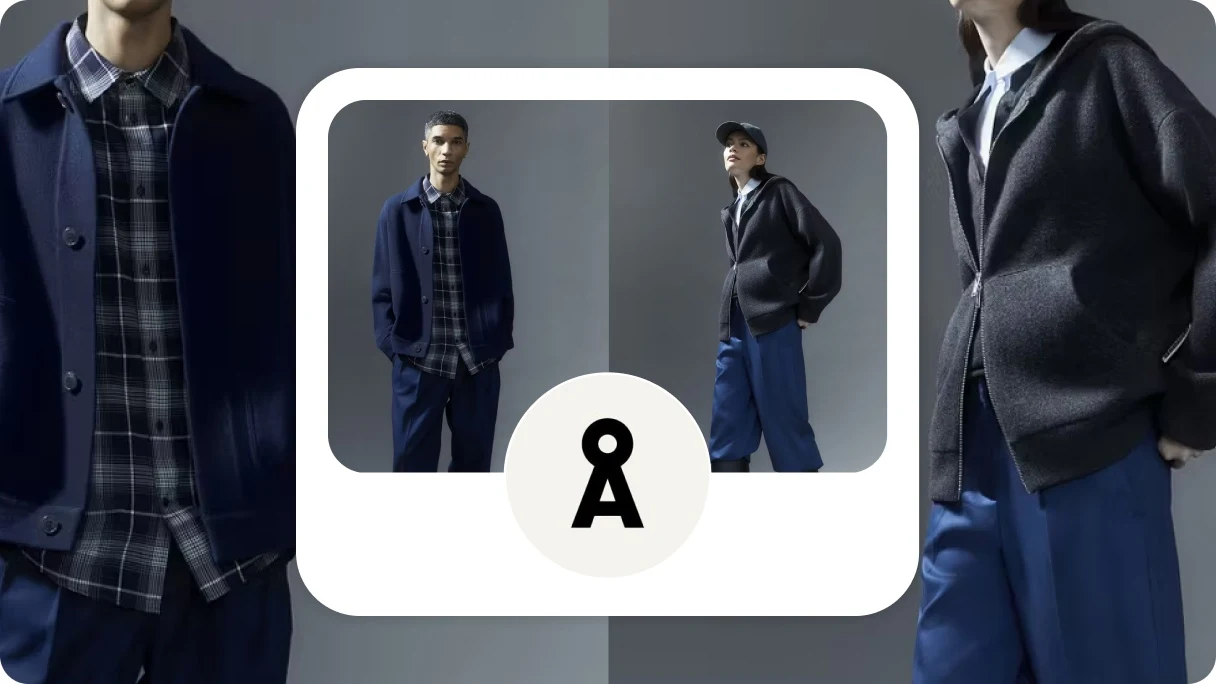 Conceptualized image of a Pinterest profile for ARMEDANGELS featuring two models dressed in layered clothing, including jackets and plaid shirts, against a neutral gray background.