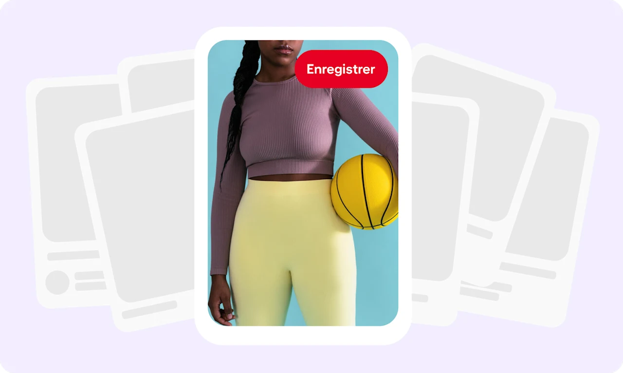Épingle montrant une femme en tenue de fitness tenant un ballon de basket jaune, avec de nombreuses Épingles déployées derrière l’Épingle centrale