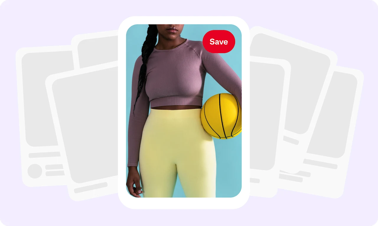 Pin of a woman in fitness clothing holding a yellow basketball, with numerous Pins fanned out behind the central Pin